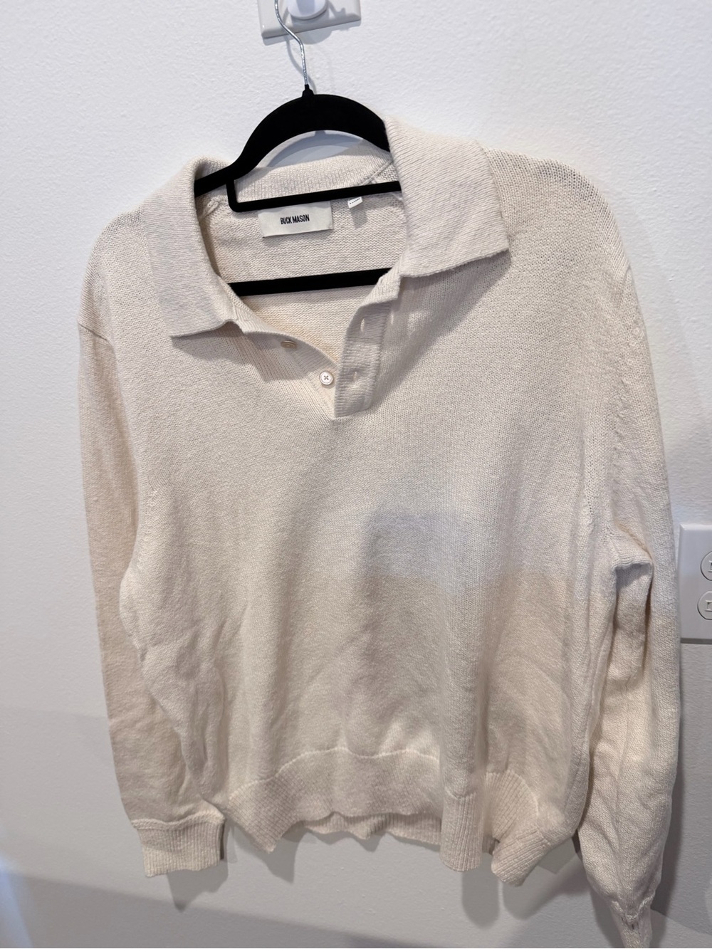 Buck Mason Ivory V-Neck Knit Polo Sweater